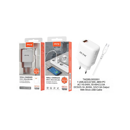 CARREGADOR ADAPTADOR RÁPIDO MTK TA0269 BL COM MICROUSB 1 PORTAS USB BRANCO CARREGADOR ADAPTADOR RÁPIDO MTK TA0269 BL COM MICROUSB 1 PORTAS USB BRANCO